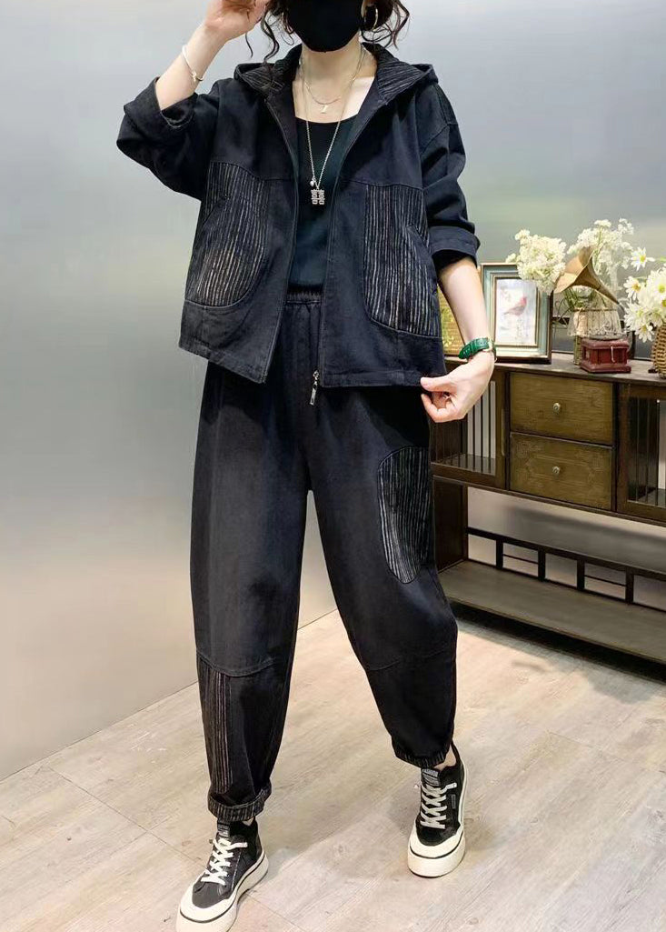 Black Patchwork Denim Two Piece Set Tops and Pants Fall