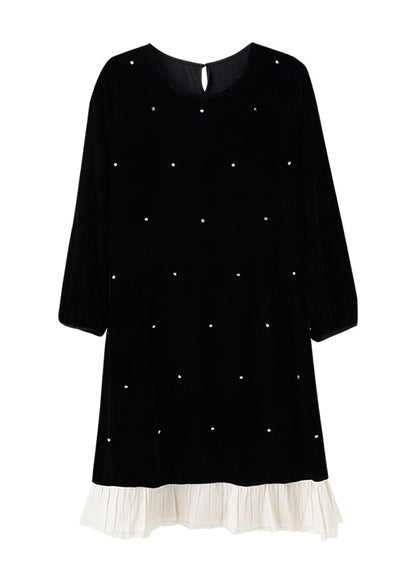 Fine Black O Neck Nail Bead Patchwork Velour Dress Fall