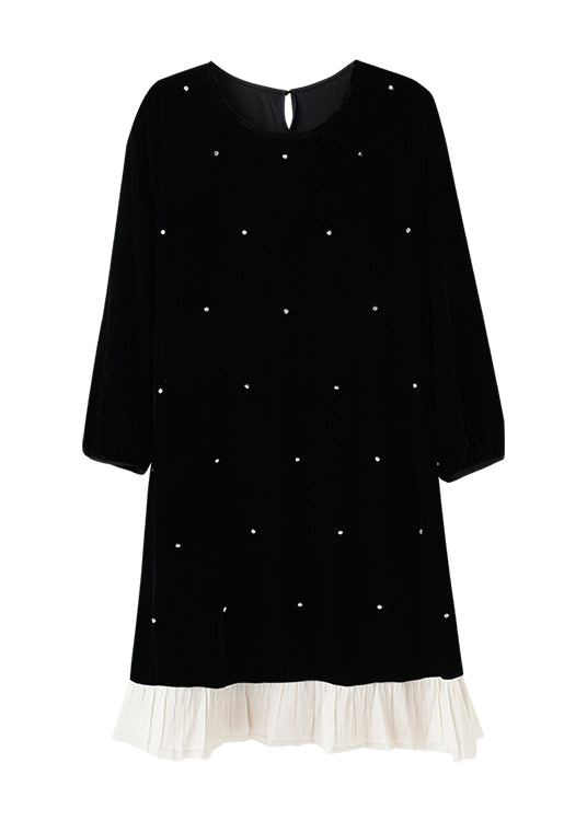 Fine Black O Neck Nail Bead Patchwork Velour Dress Fall