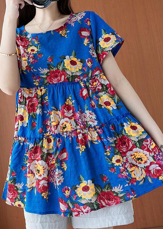 Fine Blue Print O-neck Short Sleeve Cotton Linen Top Summer