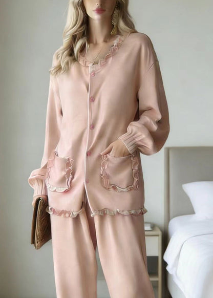 Pink Ruffled Patchwork Pajamas Two Piece Set Long Sleeve