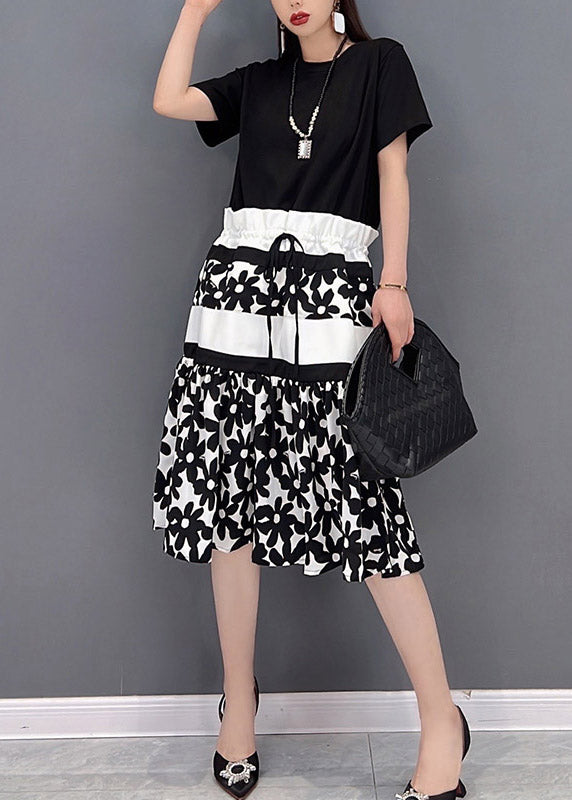 Slim Fit Black O-neck Print Drawstring Patchwork Long Dress Short Sleeve