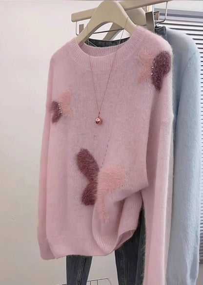 Pink Oversized Butterfly Knit Short Sweater Spring