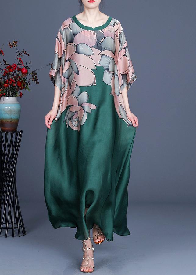 French Green Print Three Quarter Sleeve Silk Summer Dress Two Pieces Set