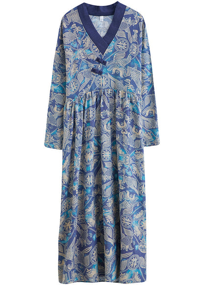Style Blue Wrinkled V Neck Exra Large Hem Cotton Long Dresses Long Sleeve