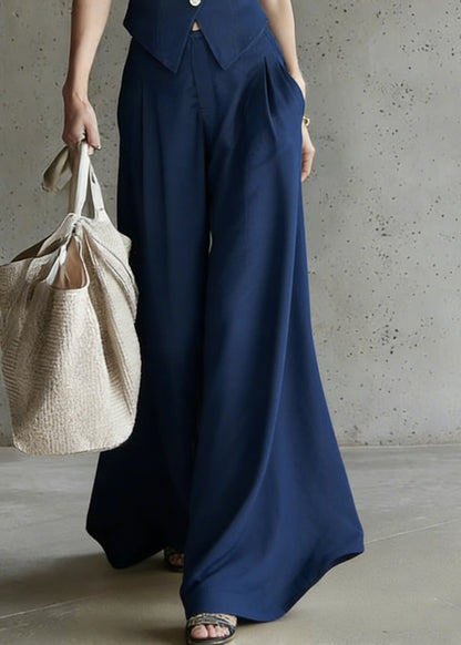 Modern Blue V Neck Button Waistcoat and Wide Leg Pants Two Pieces Set Sleeveless