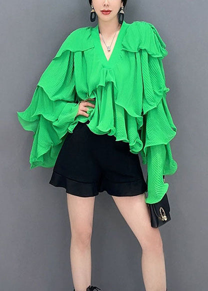 Green Asymmetrical Ruffled Patchwork Chiffon Tops Spring