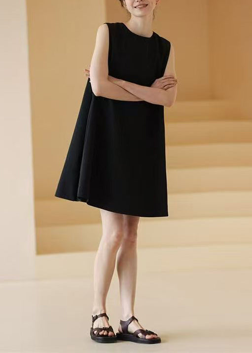 Simple Black O Neck Pockets Cotton Mid Dress Sleeveless