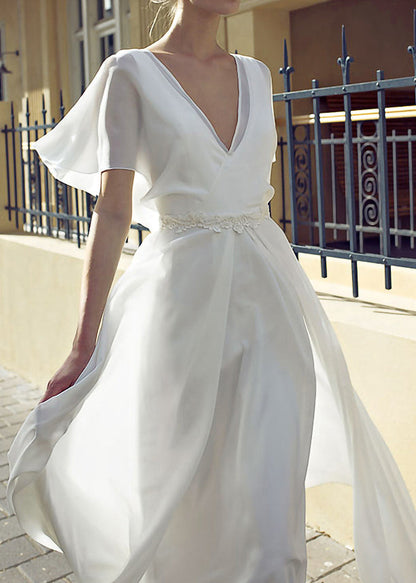 White V Neck Backless Chiffon Ankle Dress Summer