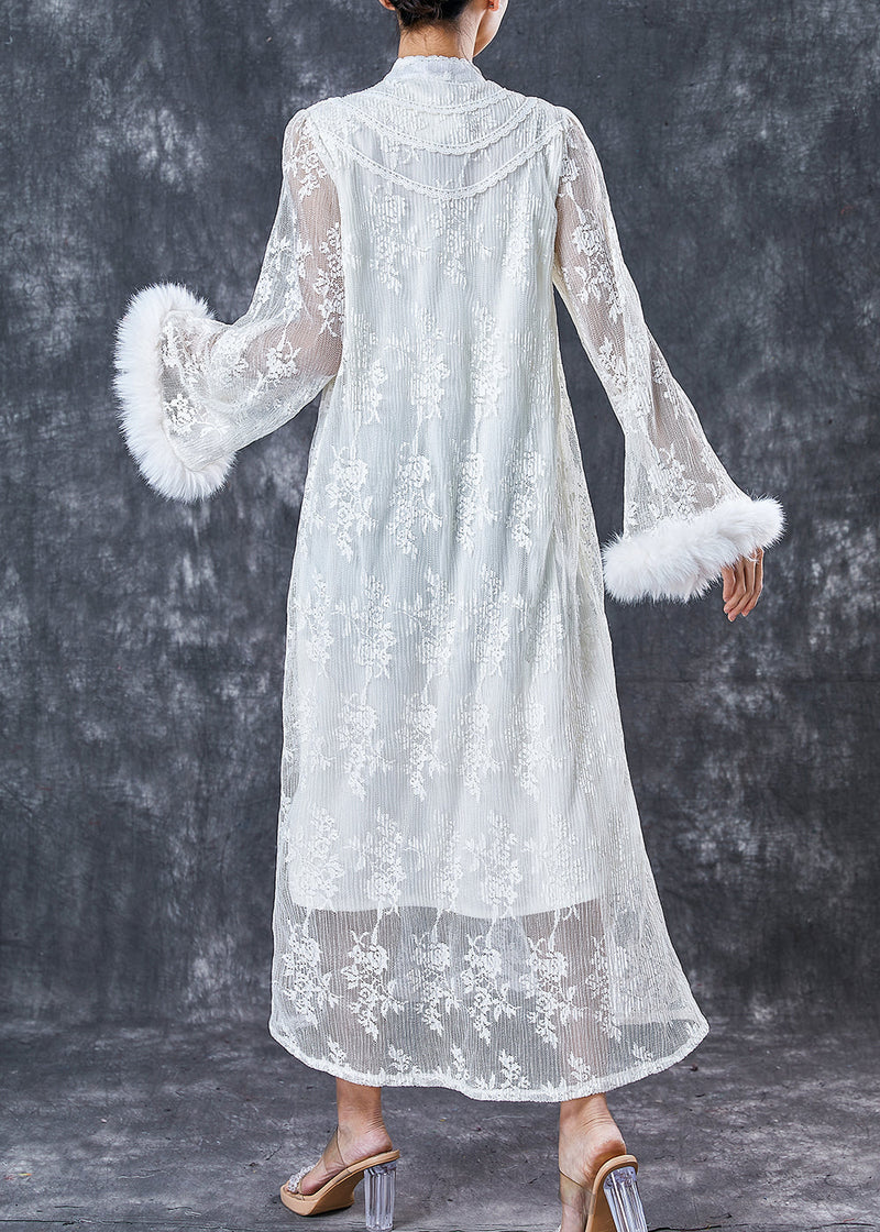 White Embroidered Patchwork Mink Hair Lace Dresses Spring