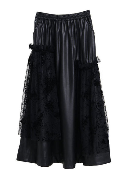 Black Elastic Waist Lace Patchwork Faux Leather Skirt Spring