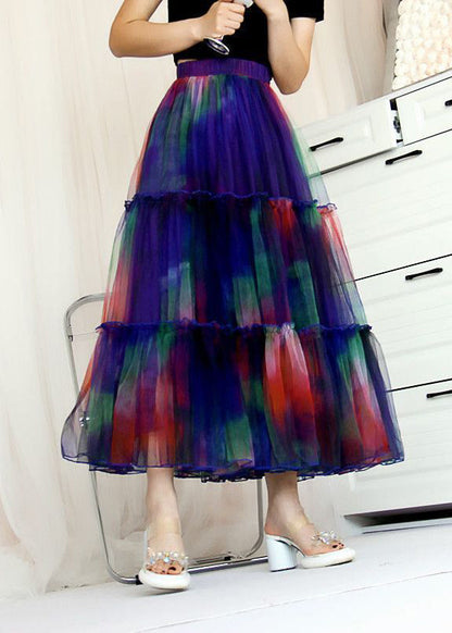 Blue Ruffled Tie Dye Tulle Skirt Spring