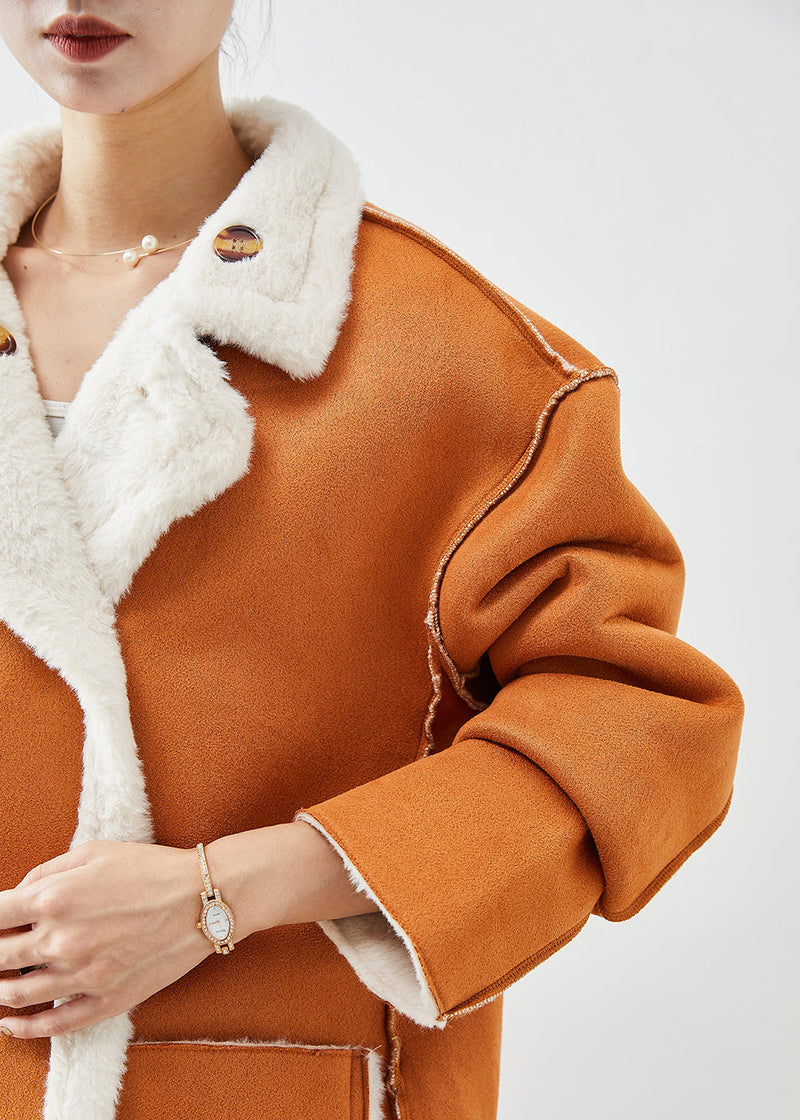 Modern Orange Double Breast Fuzzy Fur Fluffy Wear on Both Sides Coats Winter