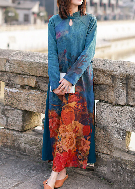 Chinese Style Mandarin Collar Side Open Print Dresses Long Sleeve