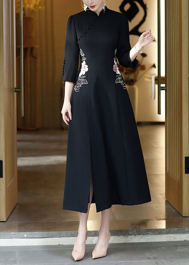 Black Stand Collar Embroideried Button Party Tulle Maxi Dress Long Sleeve