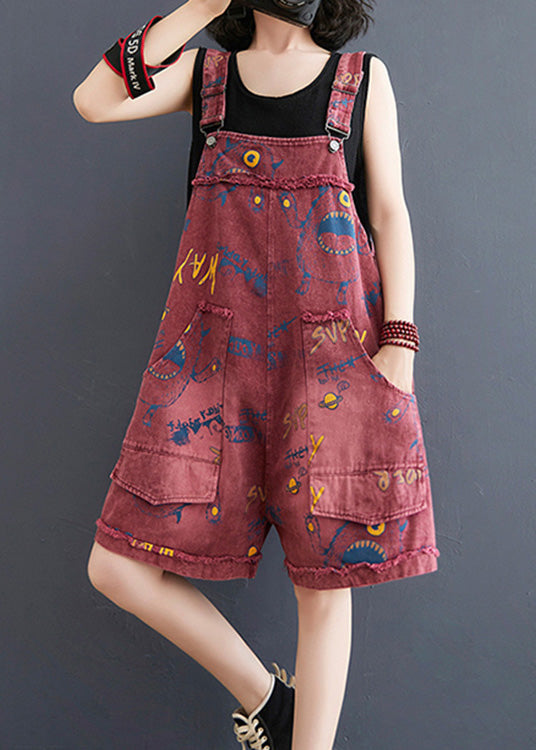 Red Slash Neck Print Patchwork Denim Jumpsuit Summer