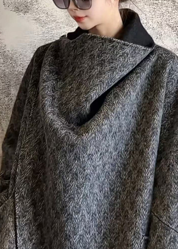 Dark Grey V Neck Print Pockets Wool Coats Fall