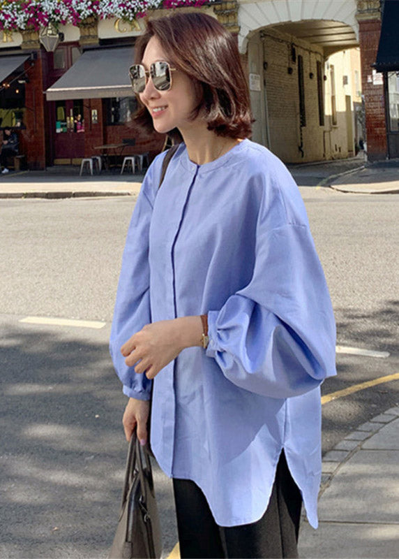 French Blue O-neck Button Side Open Cotton Shirts Lantern Sleeve