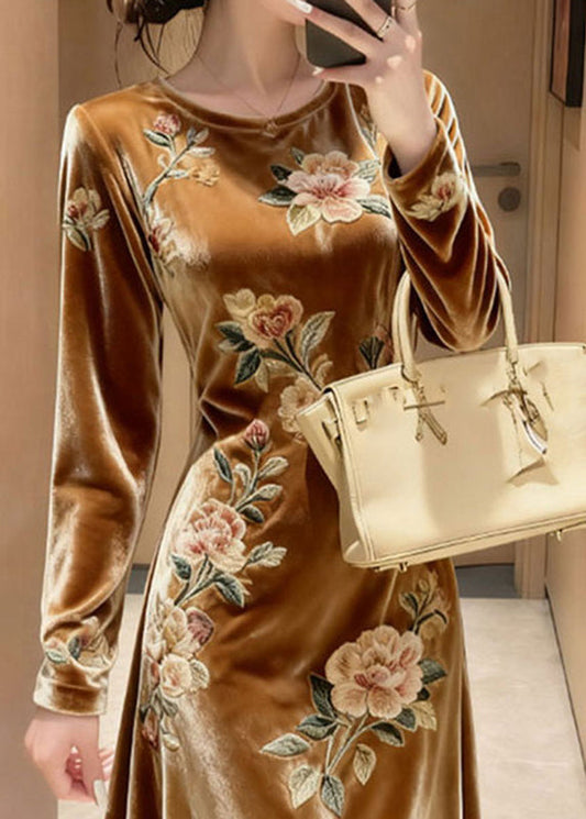 Unique Yellow O-neck Embroidered Silk Velvet Maxi Dresses Fall