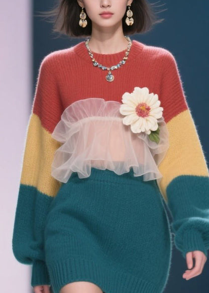 New Colorblock Tulle Ruffled Knit Sweater Dress Winter