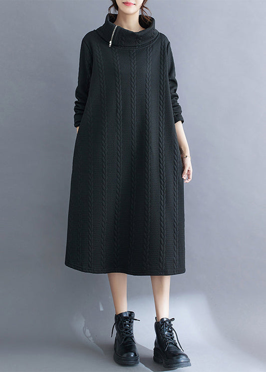 Black Asymmetrical Turtleneck Cotton Long Dress Fall