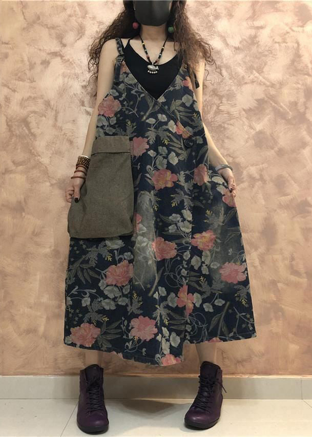 Blue Button Print Denim Spaghetti Strap Dress Sleeveless