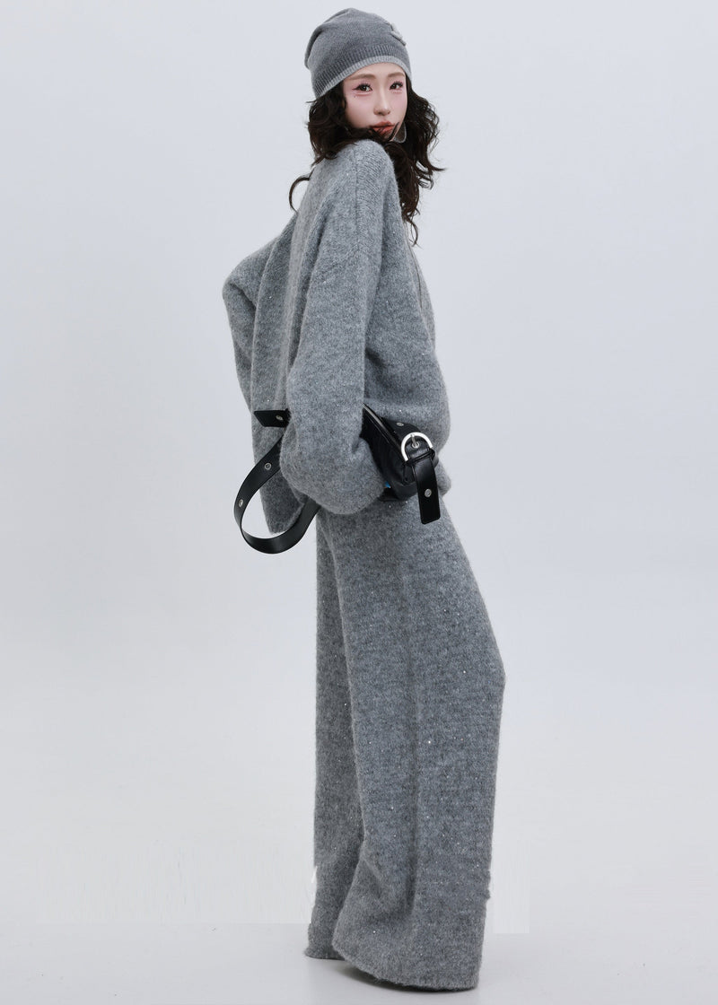 Grey Sequins Thick Knit Two Pieces Set Winter