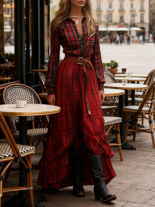 Red V Neck Plaid Patchwork Cotton Ankle Dress Spring