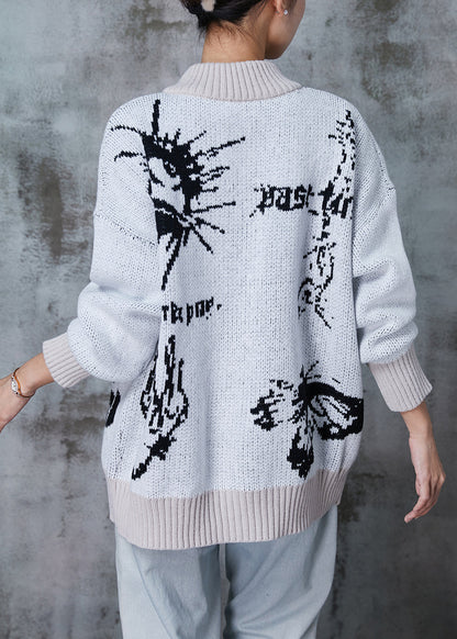 Grey Oversized Print Knit Cardigans Winter