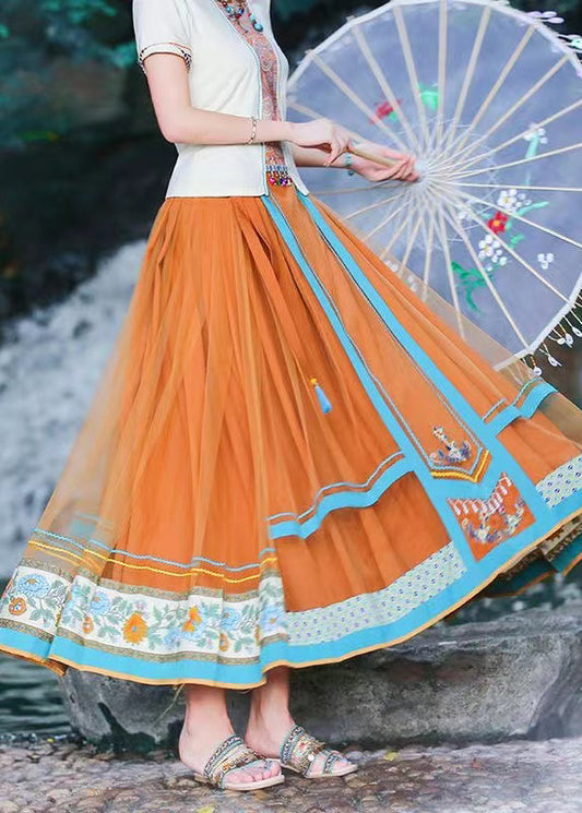 Original Orange Wrinkled Print High Waist Tulle Skirt Spring