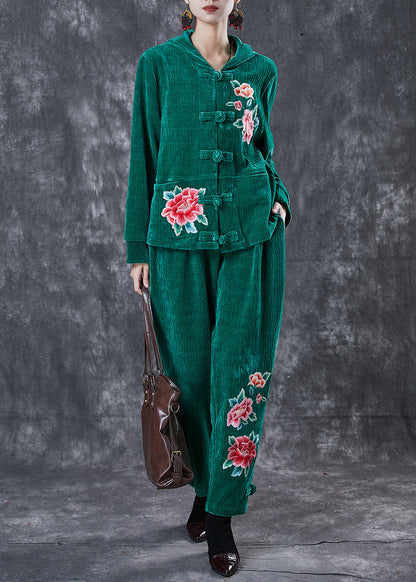 Art Green Embroideried Chinese Button Corduroy Two Piece Suit Set Spring