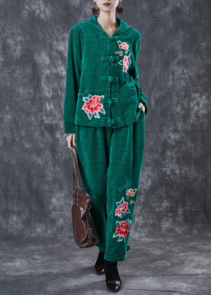 Art Green Embroideried Chinese Button Corduroy Two Piece Suit Set Spring