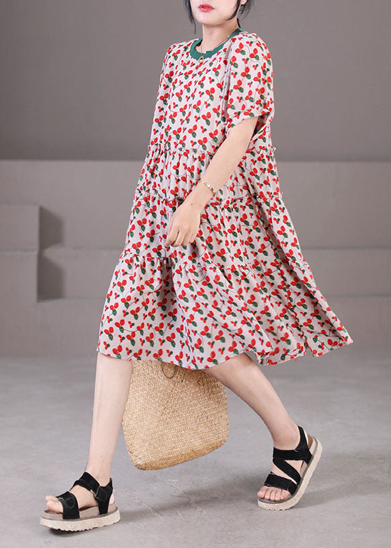 Red O-neck Patchwork Print Cotton a Line Dress Short Sleeve