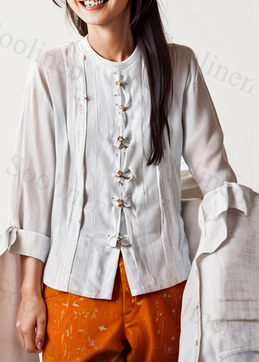 New White O-neck Button Cotton Blouses Long Sleeve
