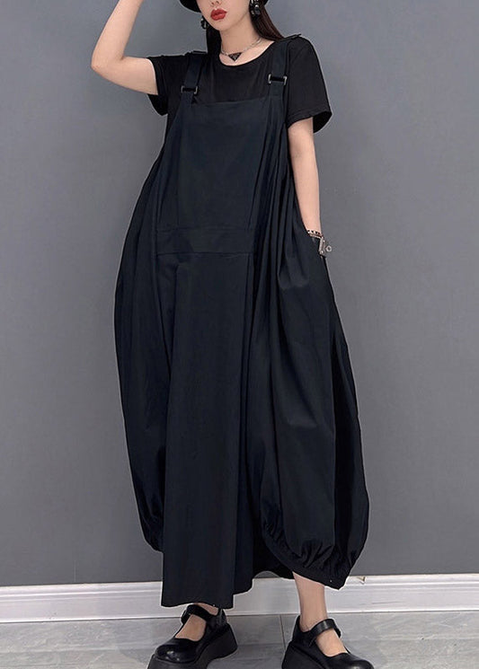 Black O-neck Asymmetrical Pockets Long Dresses Sleeveless