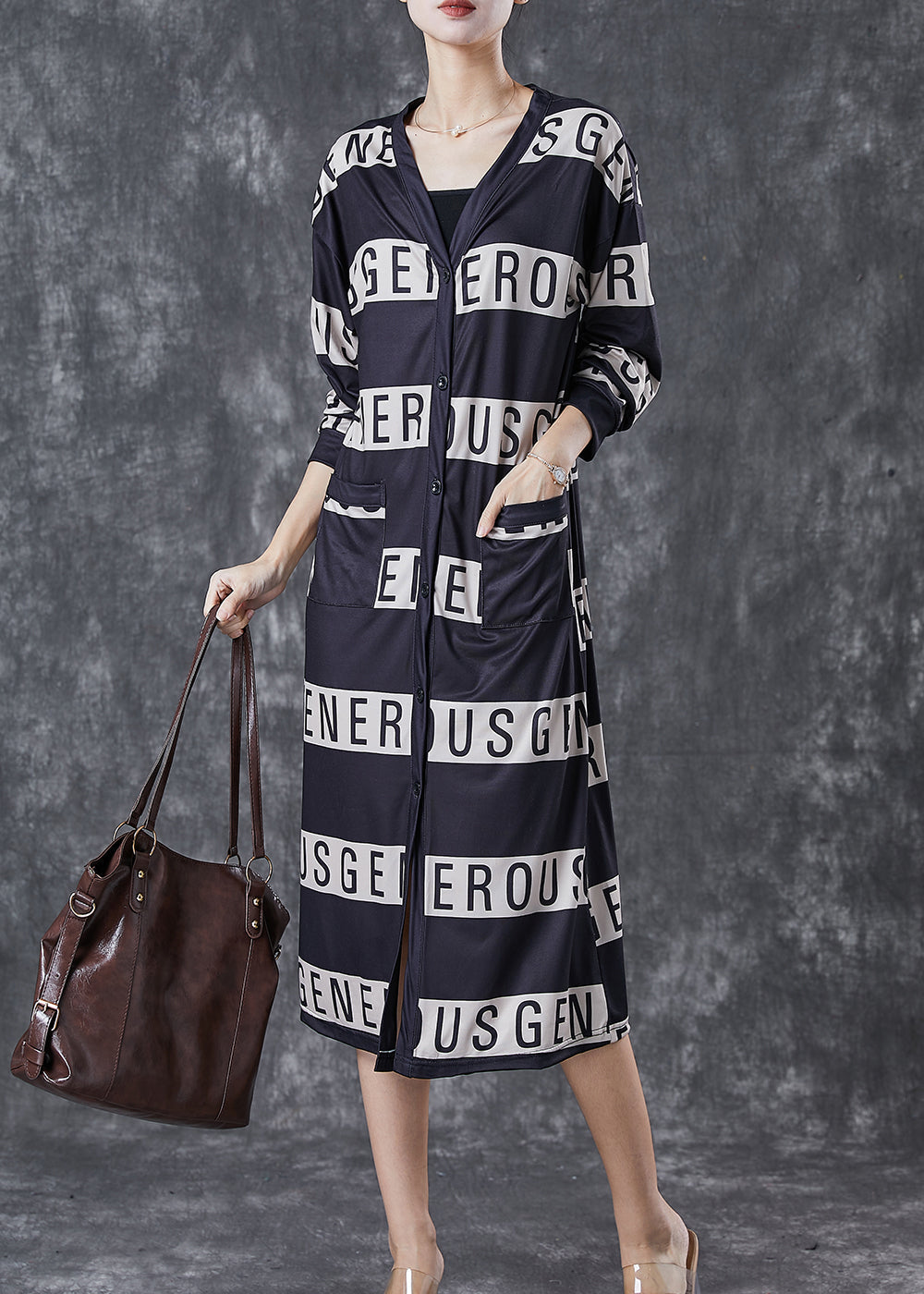 Black V Neck Letter Print Cotton Dresses Spring