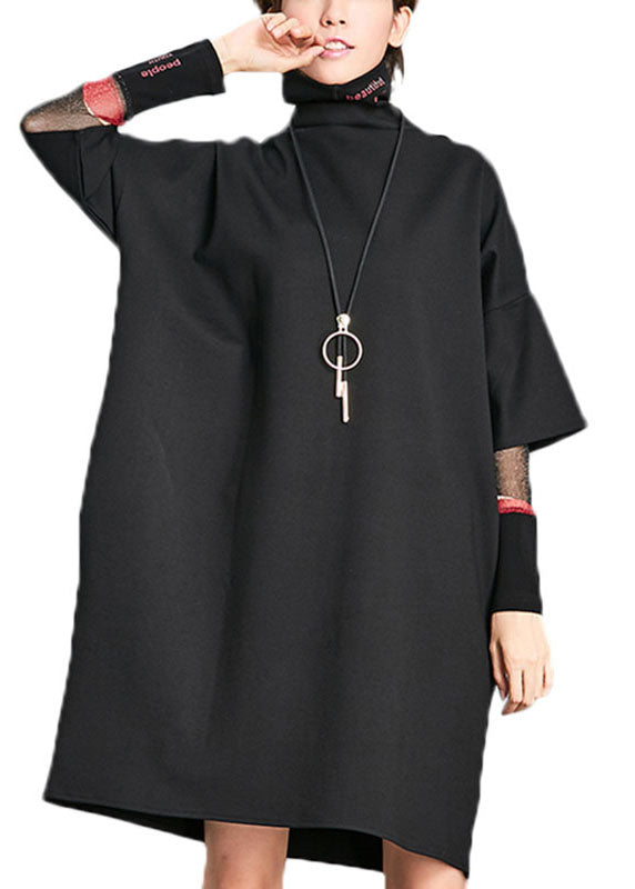 Black Turtleneck Pockets Fall Half Sleeve Maxi Dress