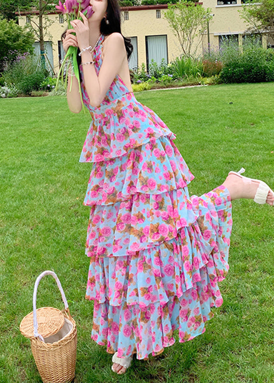 Print Ruffled Halter Backless Beach Dress Summer