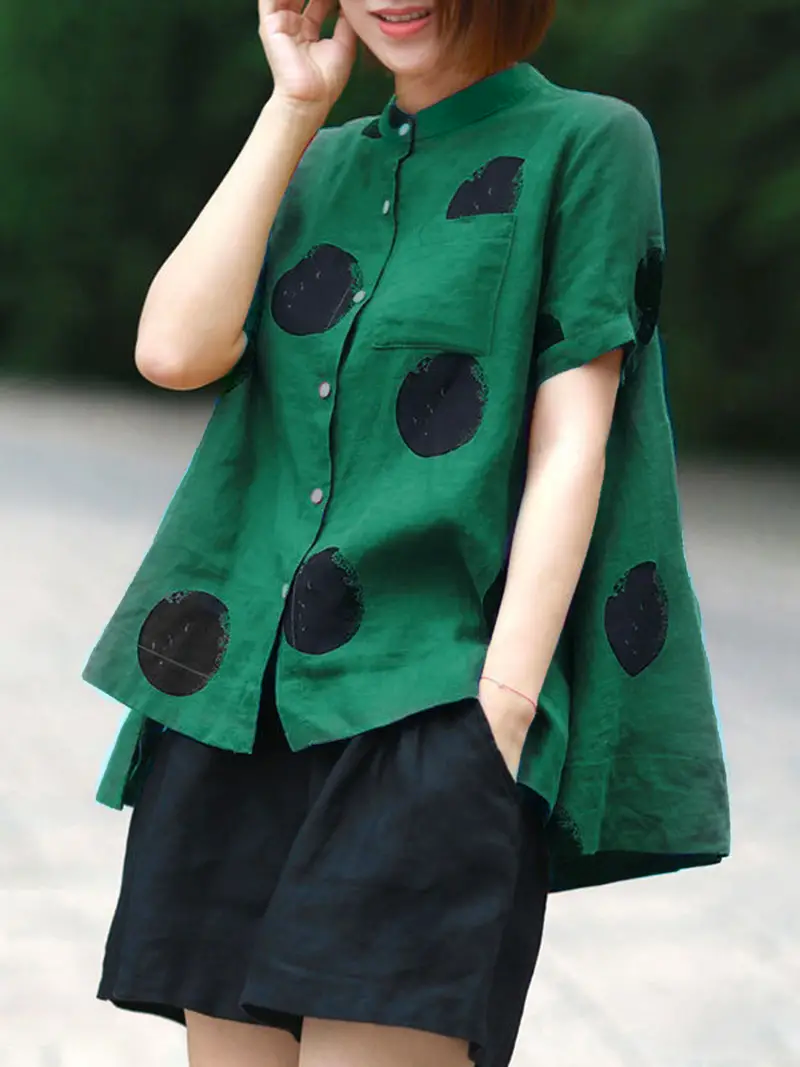 Blue Dot Print Patchwork Linen Top Button Stand Collar Summer