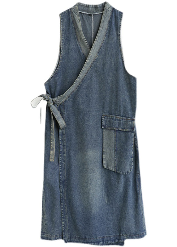 Blue V Neck Asymmetrical Patchwork Tie Waist Denim Long Dresses Sleeveless