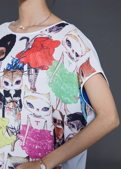 White Print Chiffon Fake Two Piece Tops Summer