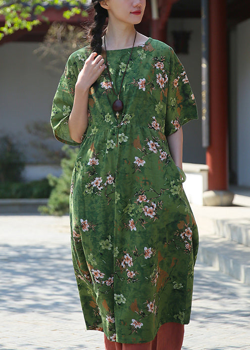Green Print Pockets Patchwork Cotton Dresses Summer