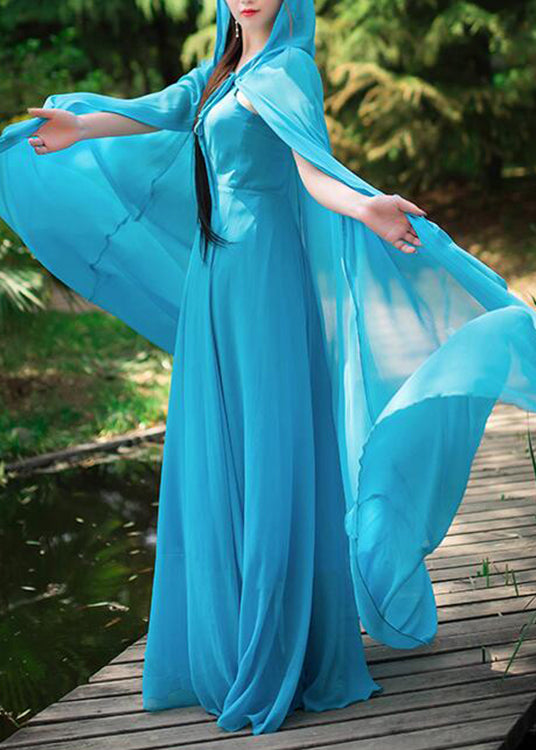 Blue Neck Tie Chiffon Cloak and Slip Dress Two Piece Set Spring
