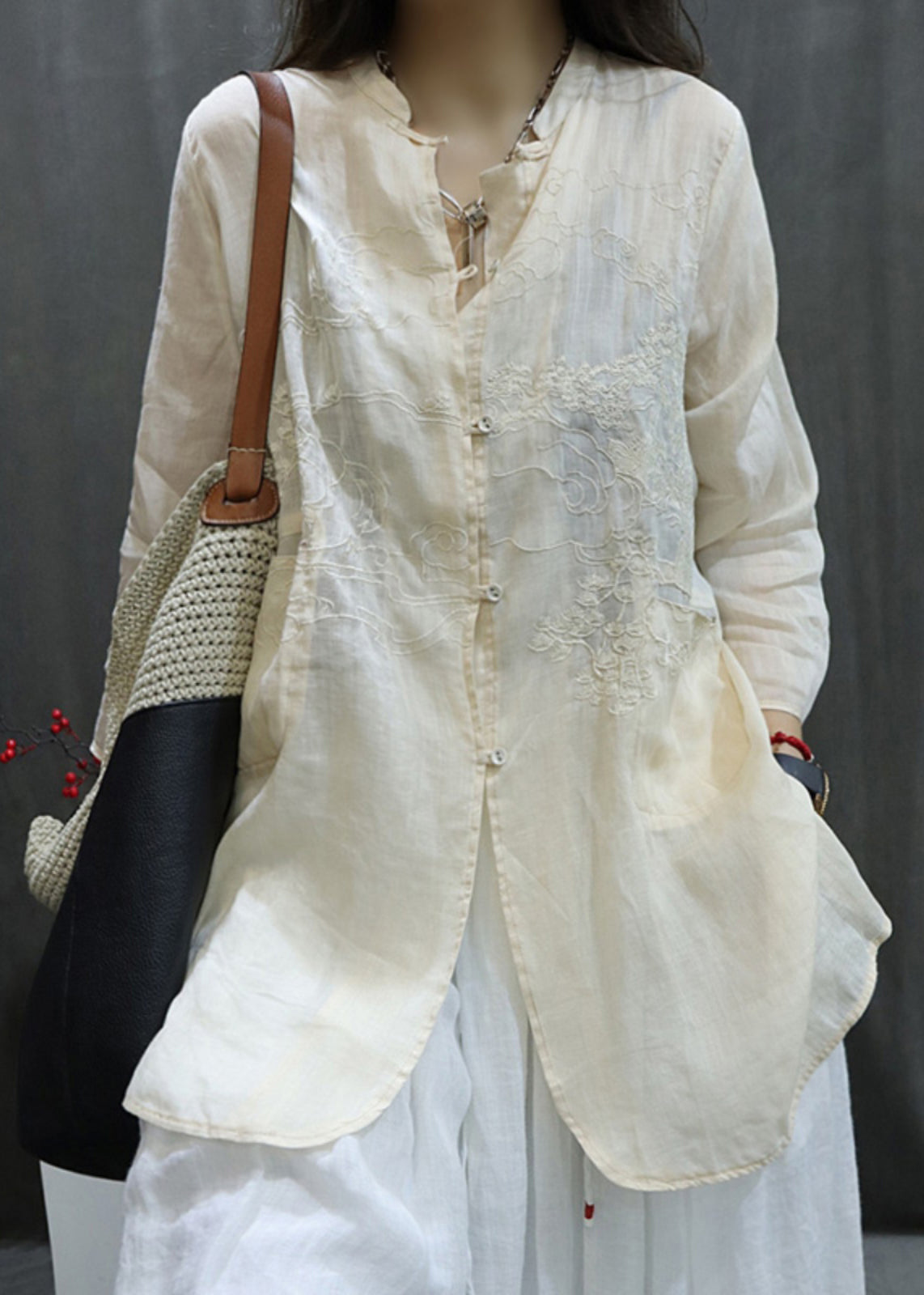 Handmade Black O-neck Embroidered Button Shirt Long Sleeve