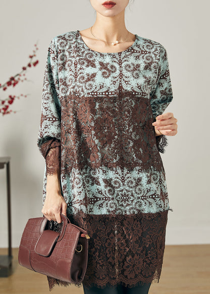 Blue Print Patchwork Lace Chiffon Short Dress Summer