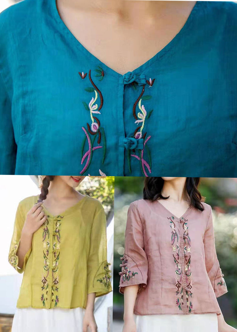 Ginger Loose Linen Tops V Neck Three Quarter Sleeve