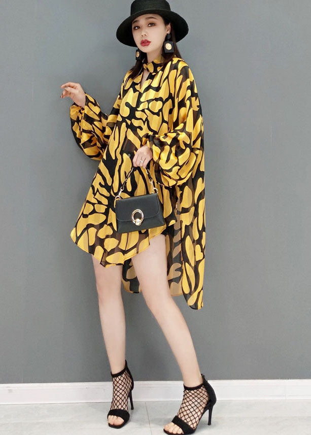 Yellow Peter Pan Collar Print Side Open Chiffon Long Shirt Lantern Sleeve