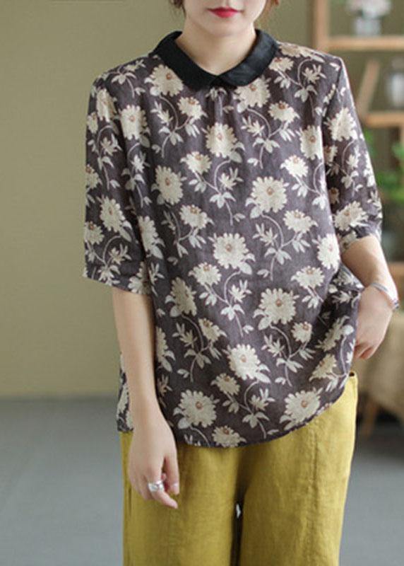 Modern Green Peter Pan Collar Print Summer Ramie Half Sleeve Tops