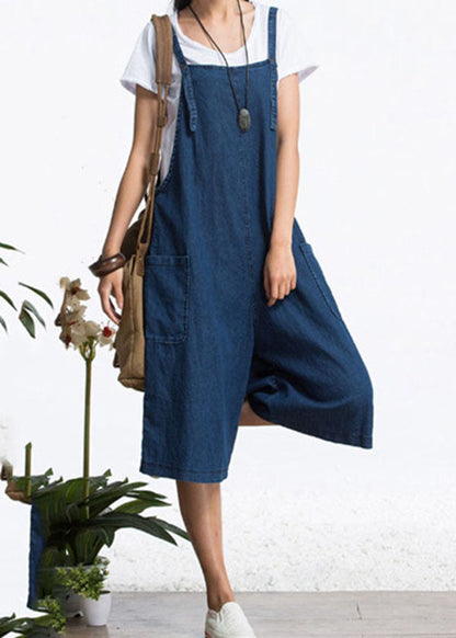 Organic Blue Pockets Color Cotton Denim Jumpsuits Wide Leg Pants Summer