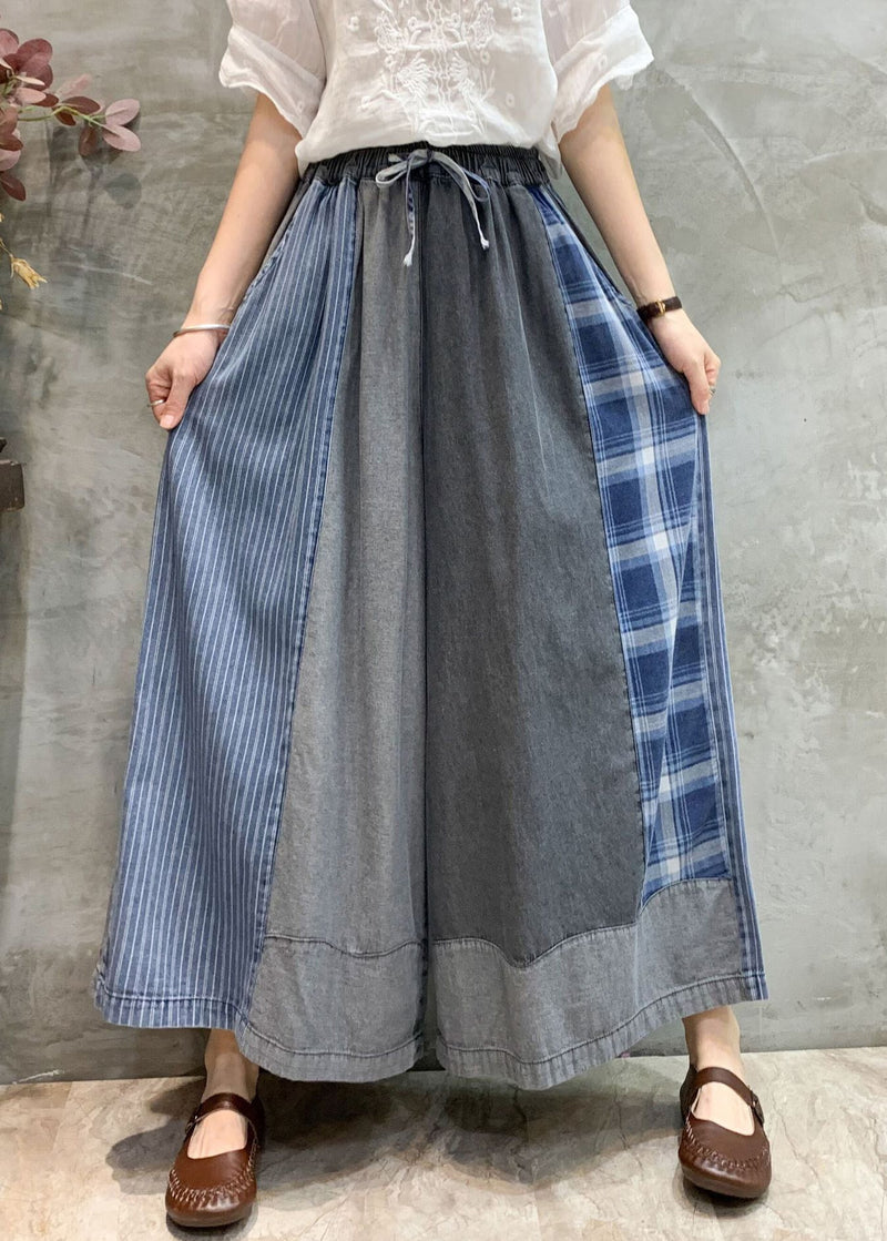 Grey Pockets Patchwork Denim Wide Leg Pants Fall